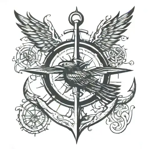 Raven Ship Anchor Compass Rose With Intricate