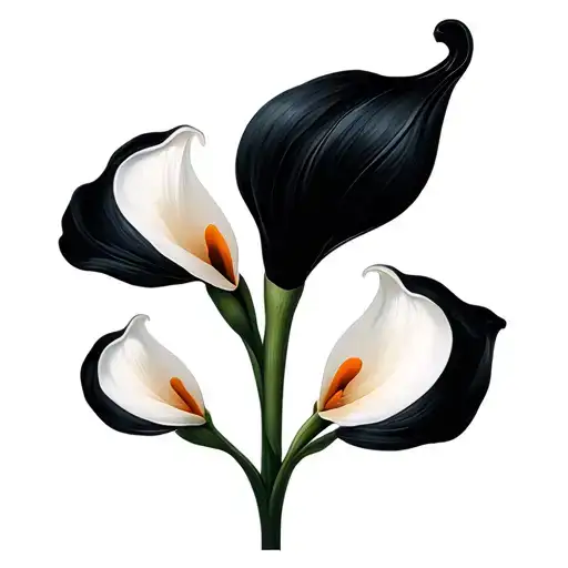 Black Calla Lily In The Center With Five Surrounding White Calla Lilies