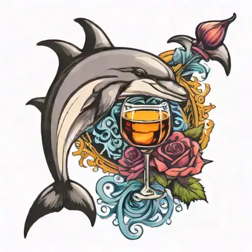 Dolphin Holding Wine Glass Filled