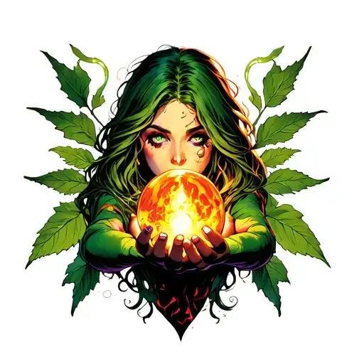 Poison Ivy Holding Fire Materia Crystal Ball In Front Of Her Face