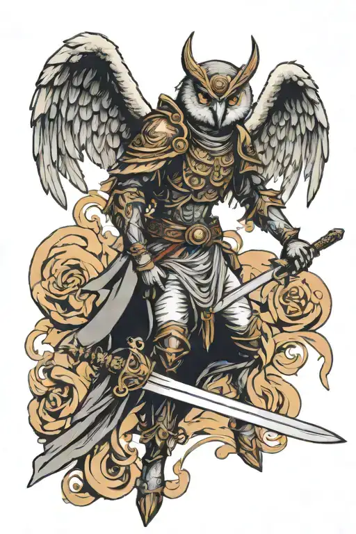 Angel With Owl Mask Spreading Wings Holding Sword Down