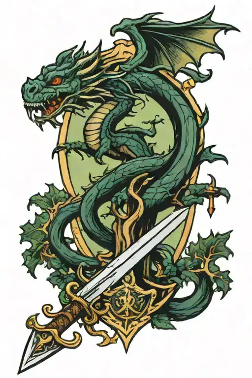 Oak Tree With Dragon Sword And Shield