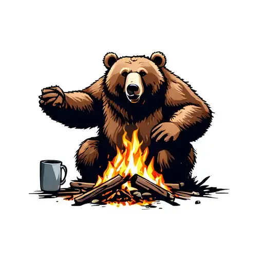 A Grizzly Bear Cooking Over A Campfire With A Coffee Mug Nearby