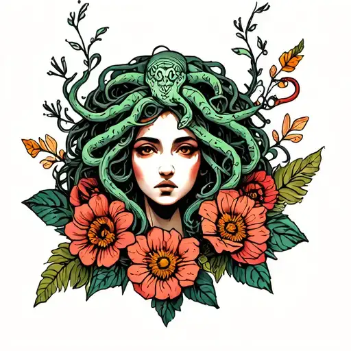 Medusa Surrounded By Flowers Intertwined