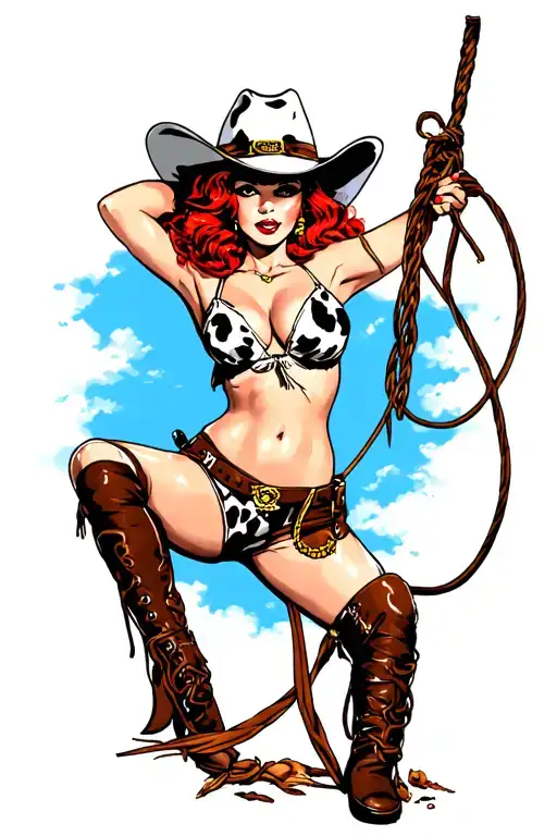 Pin Up Girl Tattoo Of A Red Hair Cowgirl Wearing Cow Print Assless Chaps Holding A Lasso