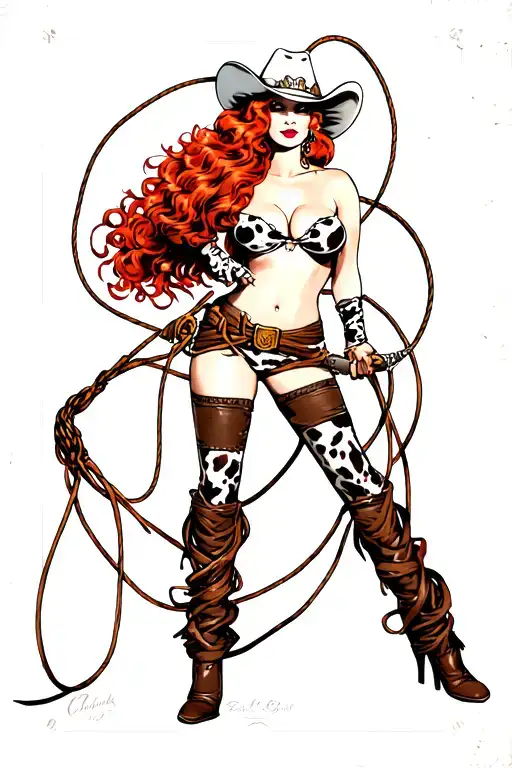Pin Up Girl Of A Red Hair Cowgirl Wearing Cow Print Assless Chaps Holding A Lasso