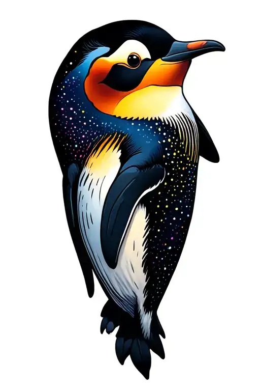 Penguin Looking Up At A Colorful Starry Night