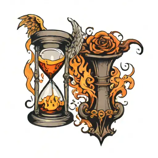Hour Glass With Smoke And Flames At The Bottom And An Angel At The Top