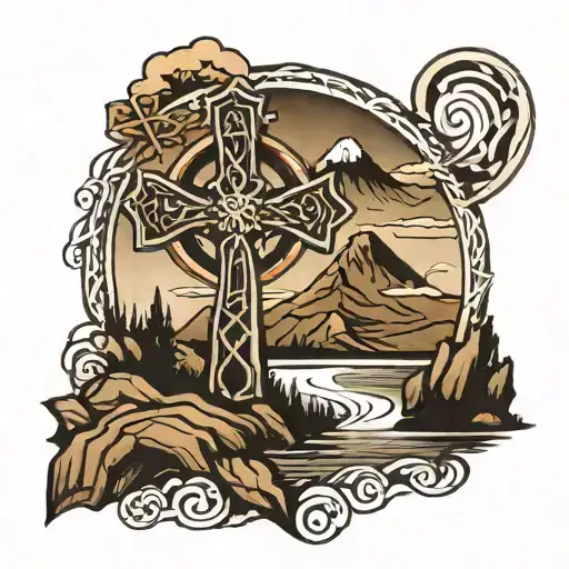 Celtic Cross Tattoo With Mountains And A River Flowing