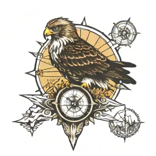 Hawk Perched Mountains With Compass Rose