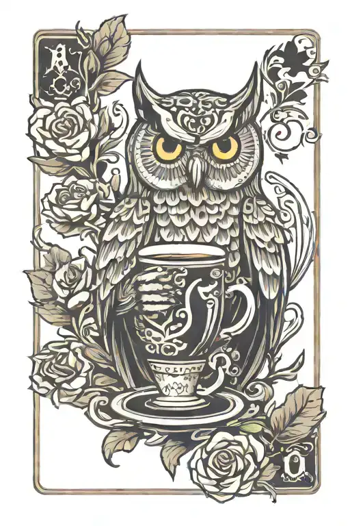 Owl Holding A Cup Of Coffee On A Playing Card