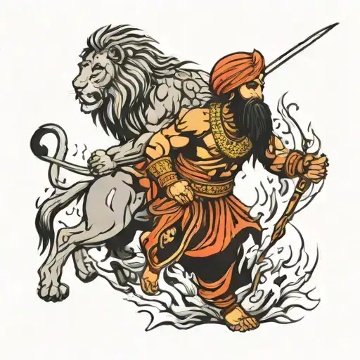 Sikh Warrior Battle Scene With Lion