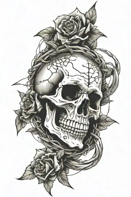 Skull On Vertibra With Barbed Wire Wrapped Around Vertibra