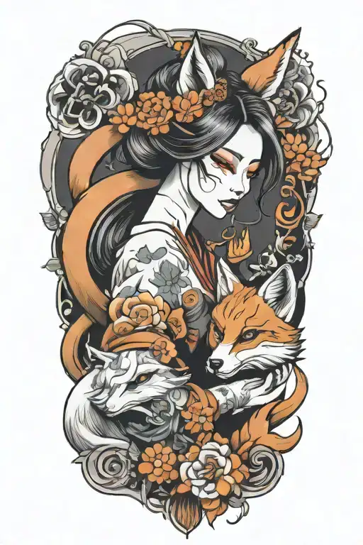 Beautifull Women With Kitsune Mask Split In Half Sleeve