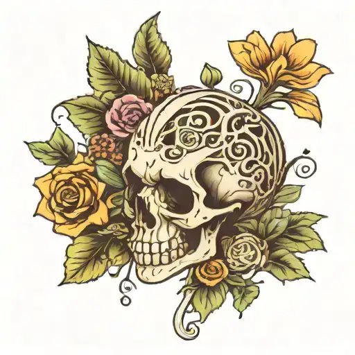 Skeleton With Flowers And Leaves And Mushrooms Growing