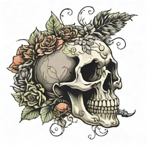 Skeleton With Flowers And Leaves And Mushrooms