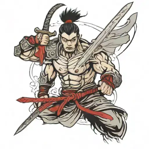 Asian Warrior Holding Sword With Blood Angry Face No Pupils In The Eyes Black And Grey Back Piece