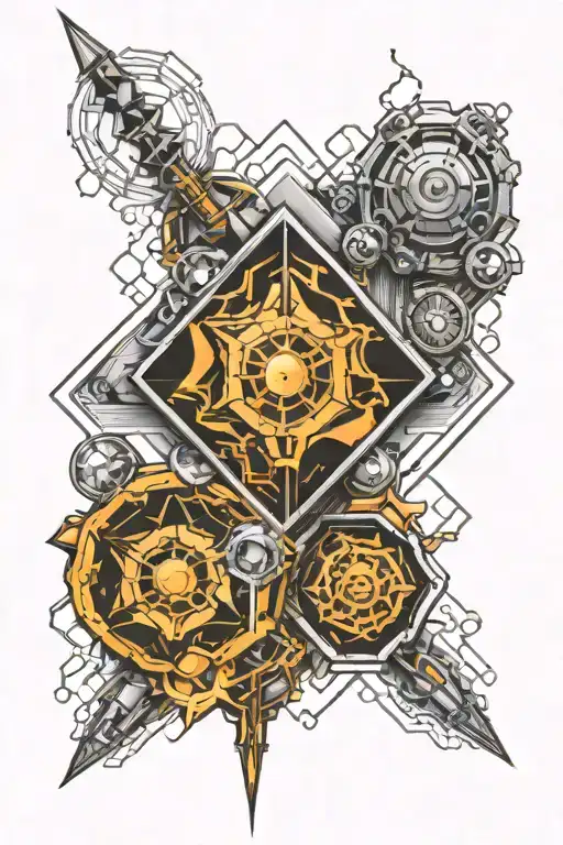 Hexagonal Tattoo Filled With Different Styles In The Center Cyborg