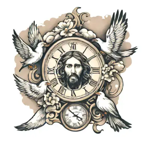 A Clock With Jesus Face Above The Clock With Clouds And Doves