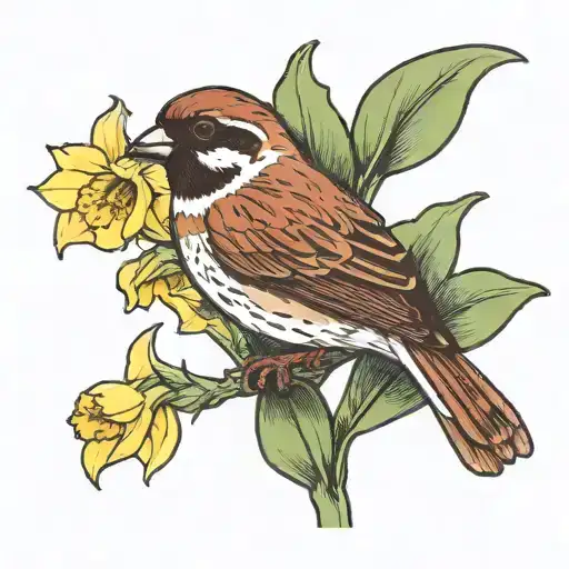 Male Sparrow With Daffodil
