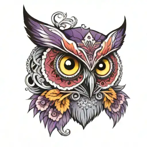 Owl Mandala Tattoo Design With Purple Eyes