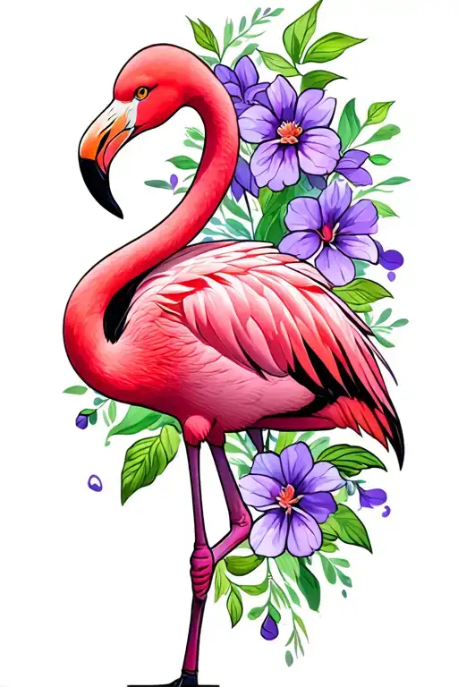 Pink Flamingo With Purple Flowers