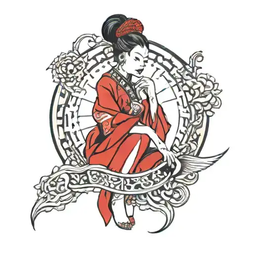 A Red Style Tattoo With An Asian Woman With Red Wrapped Around Her In A Bdsm Style