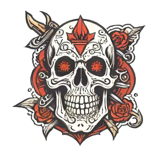 Skull With Daggers Red Points For Eyes With Spade Cards With Little Skull Heads On Them