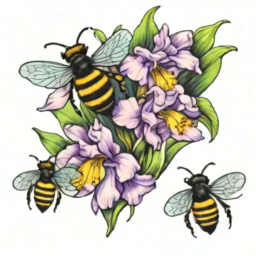 Bee And Iris Flowers