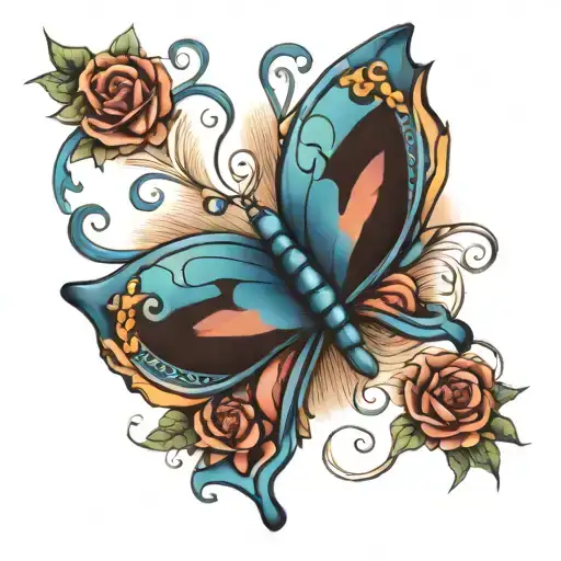 Blue Butterfly With Tear Drop On Wing Ends With A Creasent Flower