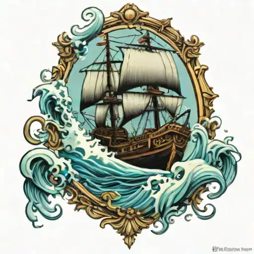 Pirate Ship In Victorian Mirror With Sea Spilling Over The Edge