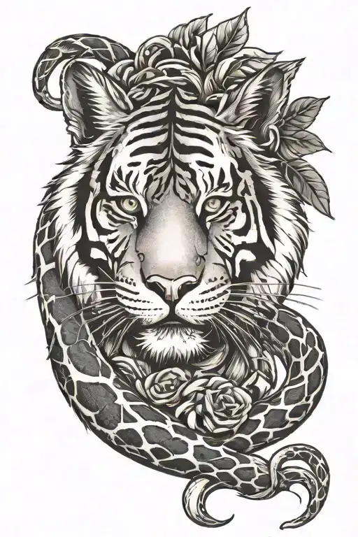 Tiger Head With Snake Wrapped Around It And Music Notes Intertwined