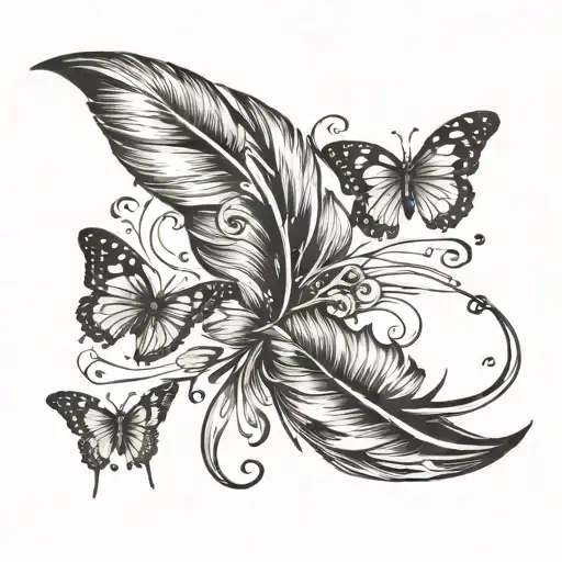 Single Feather With Butterflies Flying Around It