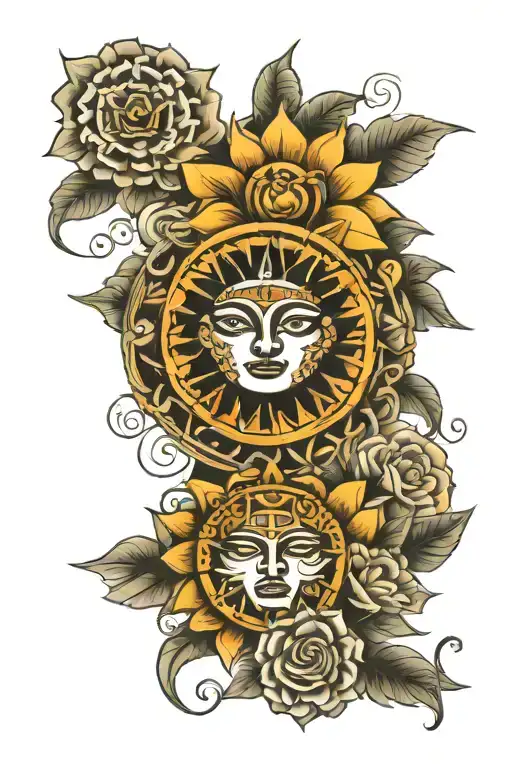 Aztec Sun And Moon Surrounded Flowers