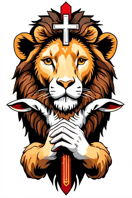 Lion The Lamb With Crosses And The Hand Of Jesus Christ
