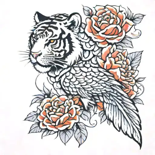 Fish Scales With Tomato Flower Bouquet And Japanese Tiger And Wing Feathers