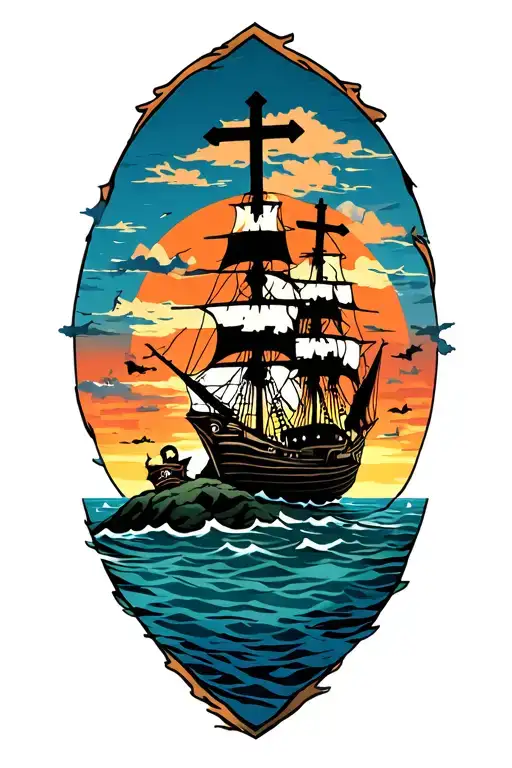 3 Crosses On A Hill With A Sunset Behind Overlooking The Sea With A Pirate Ship