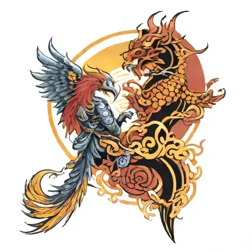 Combine Samurai And Phoenix In Front Of Sun