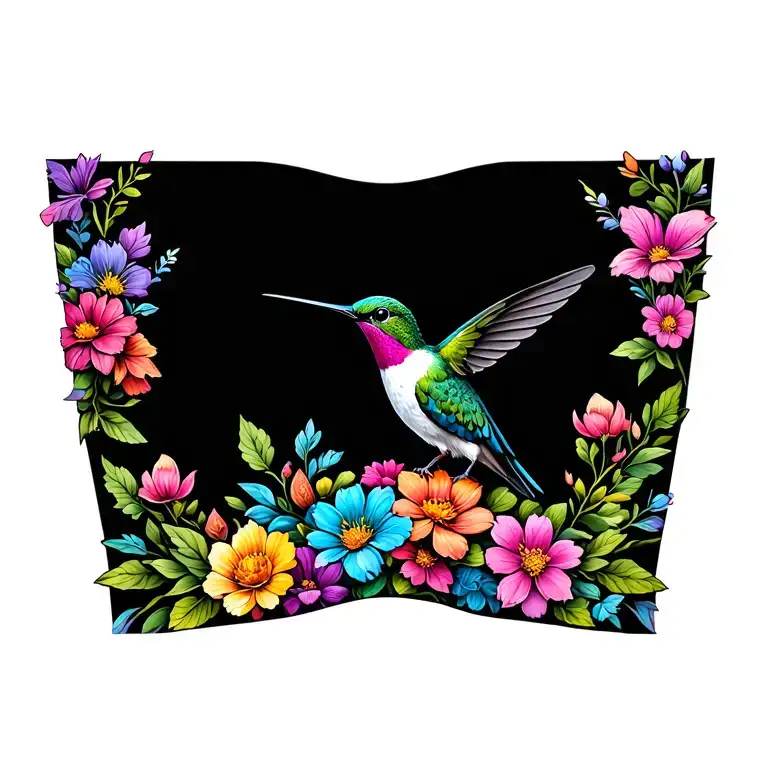 Hummingbird Sitting Atop Colorful Flowers