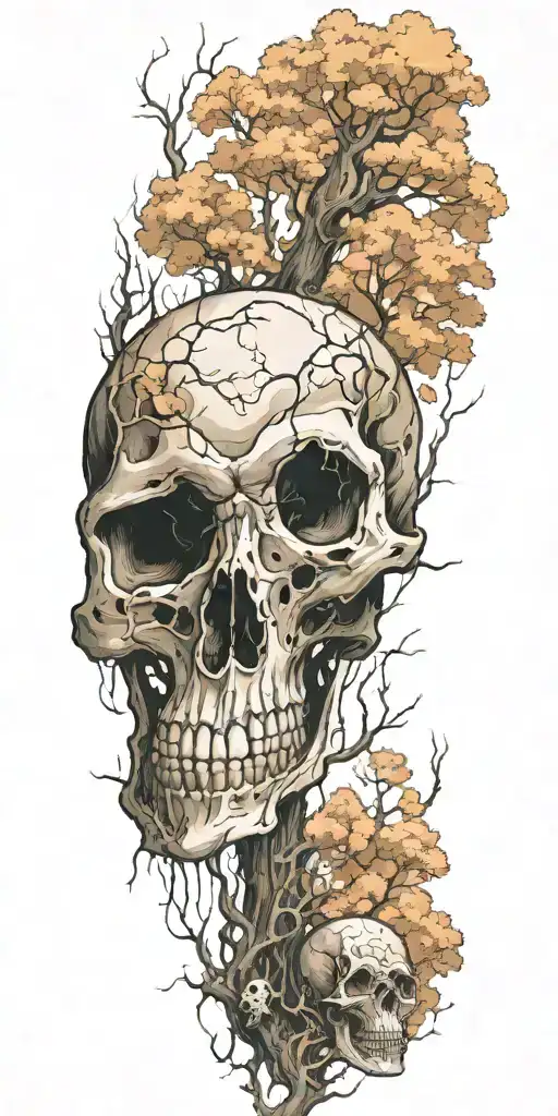 A Mysterious Forest Scene With Towering Trees And Hidden Skulls Scattered Throughout