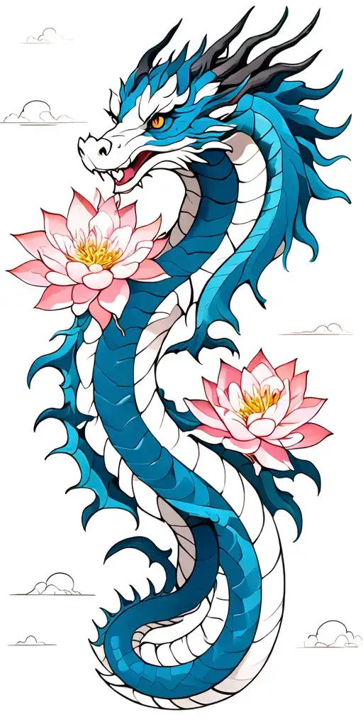 White And Blue Dragon With Lotus Blossom And Cherry Blossom Tree