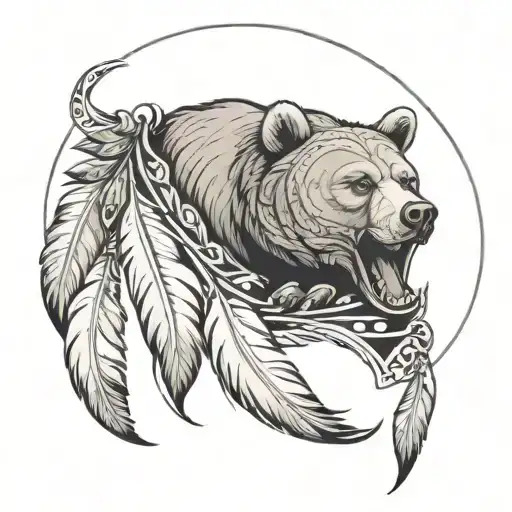 A Bear Head In A Cradle Of 5 Swan Feathers In A Tribal Motif