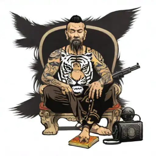 Man Sitting On Thrones Tiger Face And Caring Ak54 Gun And Buddha Book