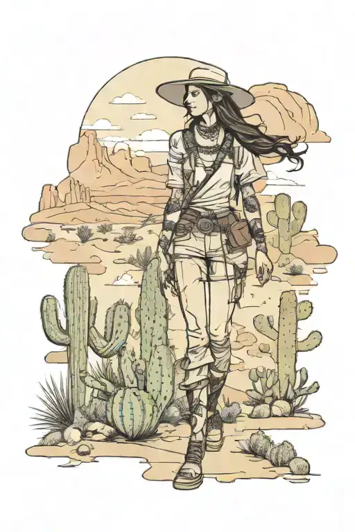Western Boho Girl Walking Through A Dense Desert Landscape Filled With Cacti