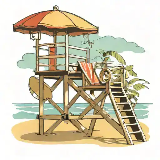 Lifeguard Stand With One Chair High Off The Ground At Pool With Umbrella Sunny