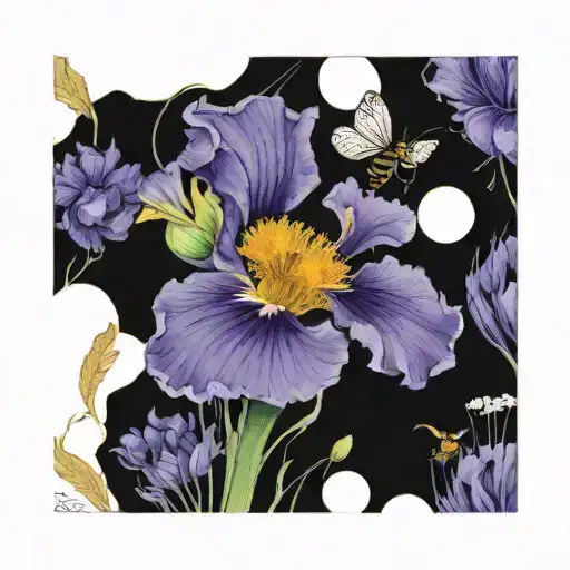 Iris And Dandelion In A Circle With A Very Small Bee