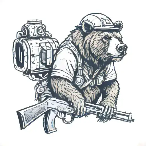Grizzly Bear With Helmet And Gun