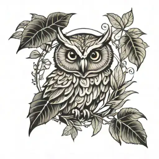 Owl And Foliage Line Art