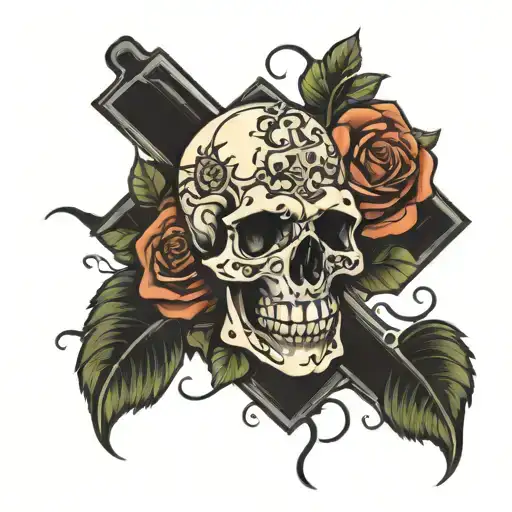Cross With Skull Surrounded By Roses