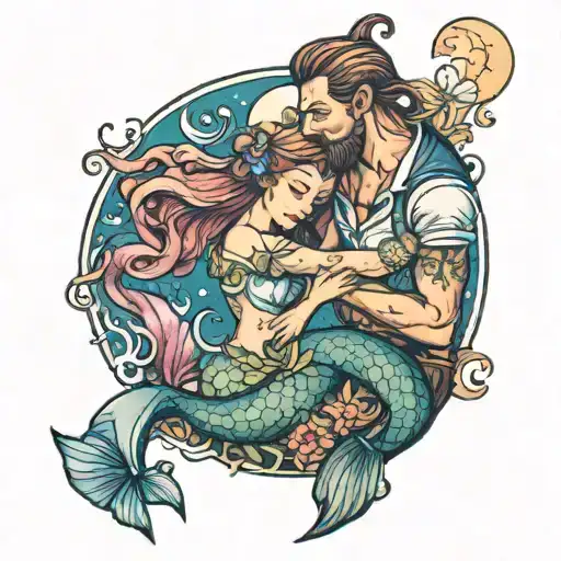 A Sailor And A Mermaid Sharing A Tender Moment Under The Moonlight